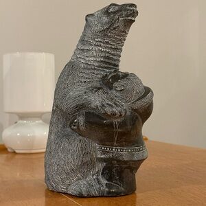 Vintage Aardvark Inuit Indigenous Soapstone Carving Polar Bear and Hunter Hug